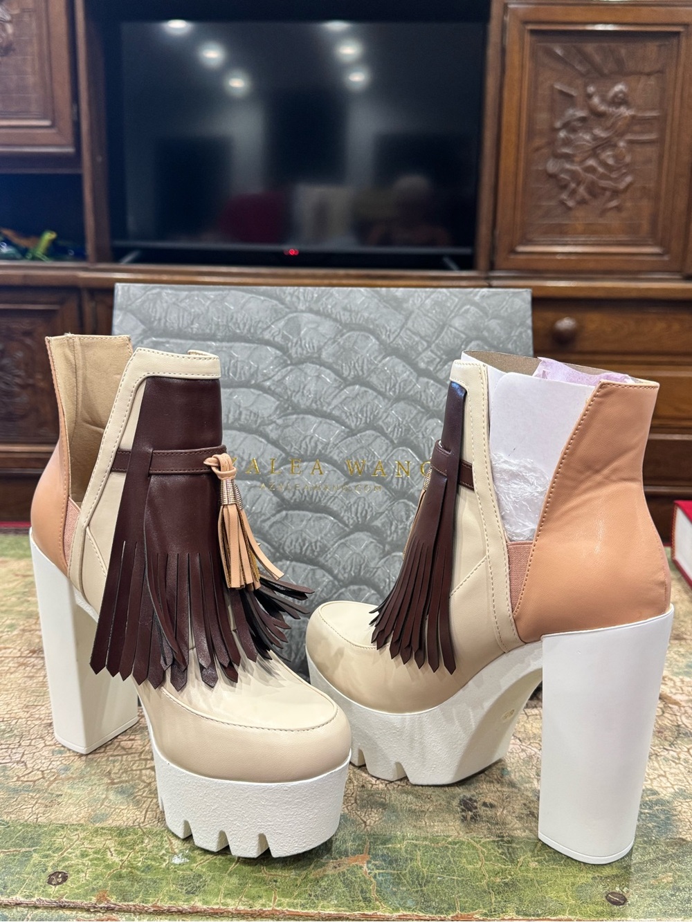 Women's Azalea Wang Neutral Fringe Platform Booties